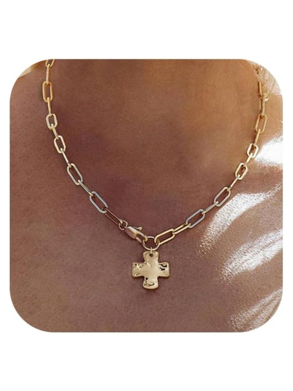 14K Gold Plated Chunky Cross Necklace 18 Inch Paperclip Chain
